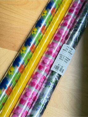 Set of 4 Y2K Transparent Cellophane Gift Wrap Floral Daisy Striped Polka Dots